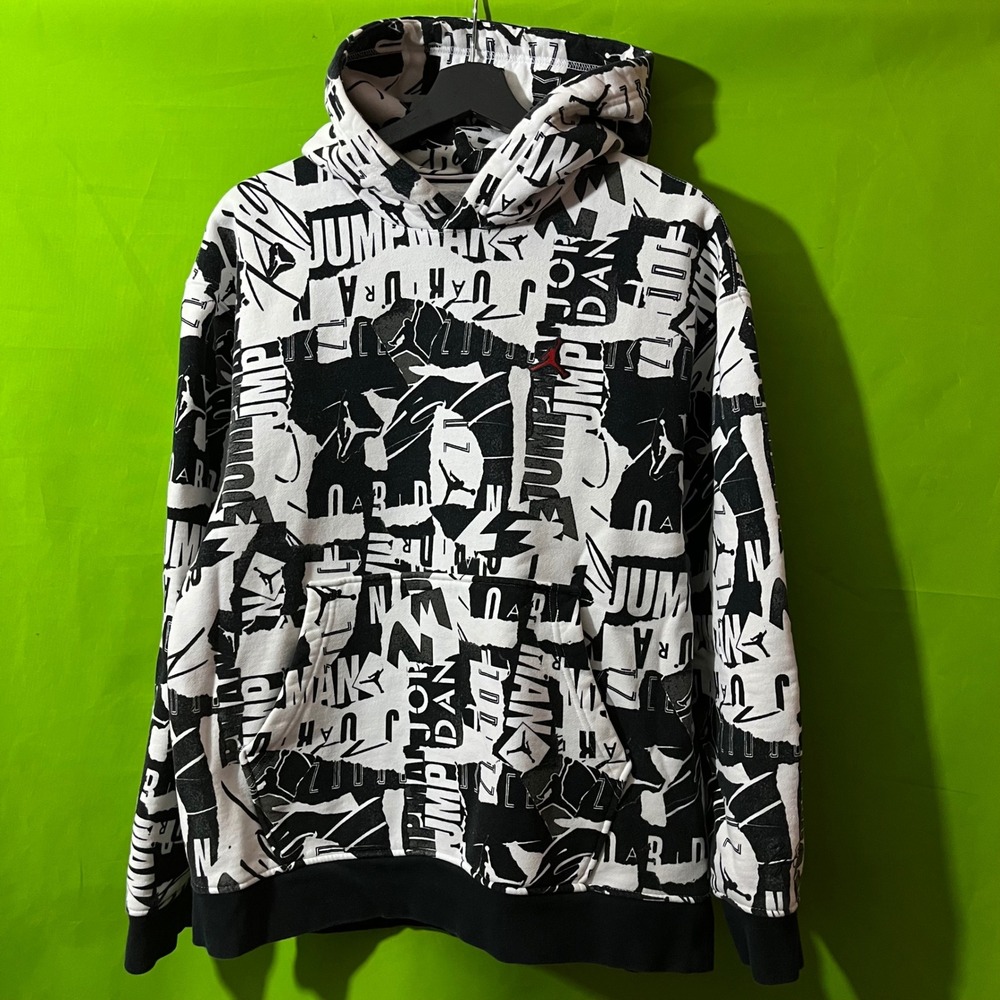 Jordan Jumpman Essentials All Over Print Hoodie Black White Graphic Mens Large